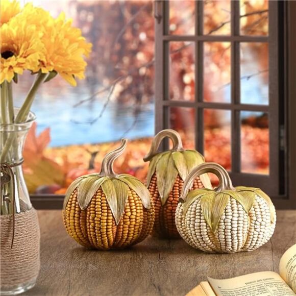 Pumpkins Fall Table Decor, Set of 3 Corn Resin Figurines for Autumn Centerpieces - Picture 4 of 7